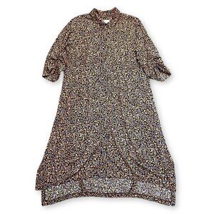 LOGO Lori Goldstein Maxi Dress Womens Sz 2X Plus Brown Leopard Button Oversized
